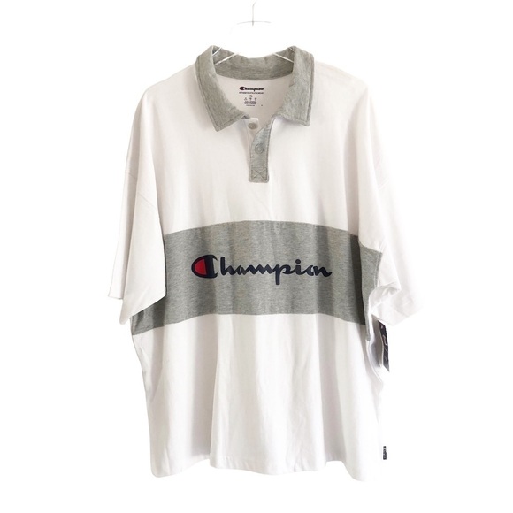 Champion Mens Rugby Polo Shirt Script Logo White Gray XL NWT - Picture 3 of 10
